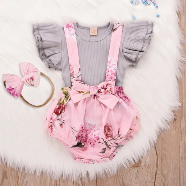 Newborn Baby Girls Ribbed Tops+Floral Ruffled Bow Suspender Shorts+Headbands -CA