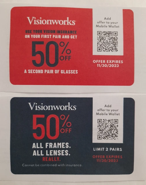 (2) Visionworks 50% Off Frames Lenses Coupon Code Expires 11/30/23