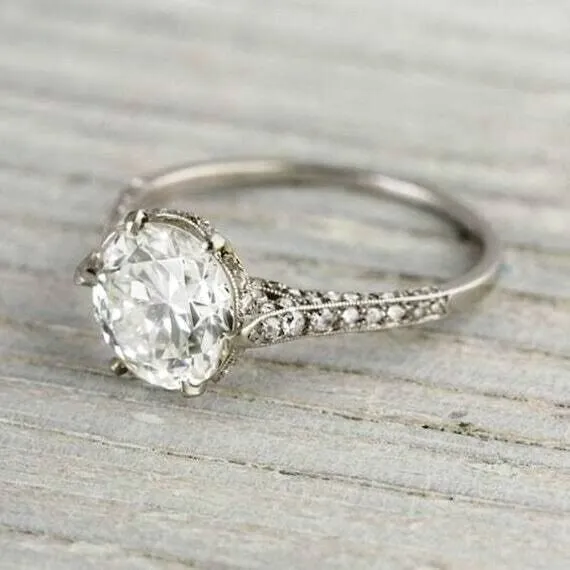 Art Deco Style 2Ct Round Cut Lab Created Diamond Wedding 14Ct White Gold FN Ring