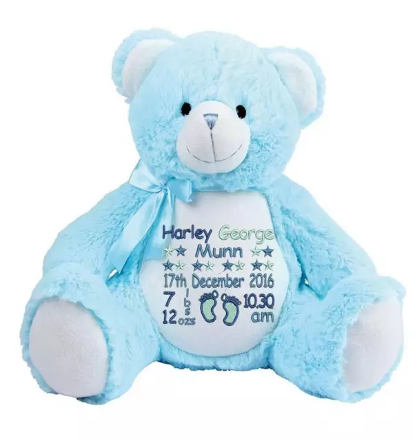 Personalised Teddy Bear Baby's birth Details, Birthday, Christening Blue Gift