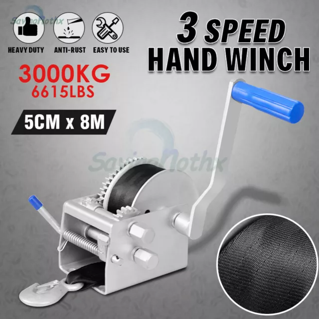 Hand Winch 4x4 3000KG/6615LBS 3 Speed Dyneema Webbing Strap Boat Car Marine 4WD