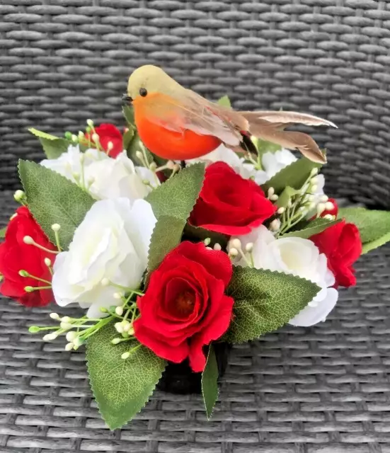 Artificial silk flowers memorial Crem Pot with robin with red and white