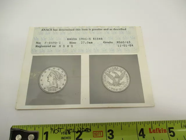 Old ANACS Photograde Certificate Only for a Certified 1901 S $10 Gold Eagle Coin