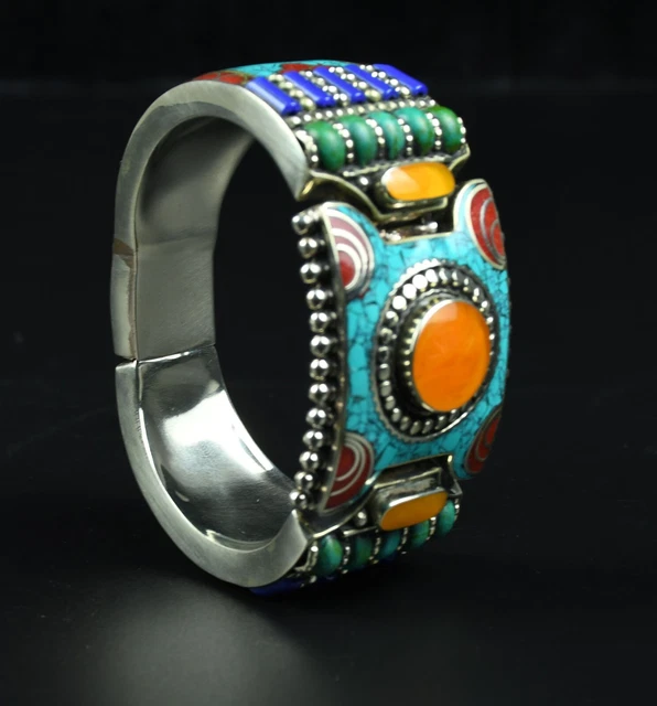 Exquisite noble tibet silver copper inlay natural turquoise flower bracelet