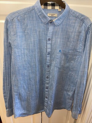 NWT BURBERRY BRIT Navy Blue Henry Trim Fit Cotton Logo Nova Check ...