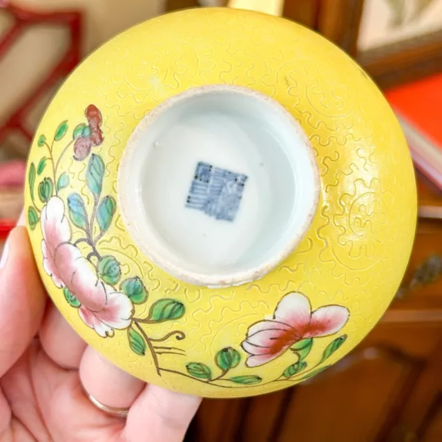 antique chinese sgraffito porcelain giwan lid yellow ground pink poeny