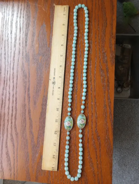 Green Jade Bead Flapper Length Necklace w / Glass Beads Metal Spacers Hand Tied