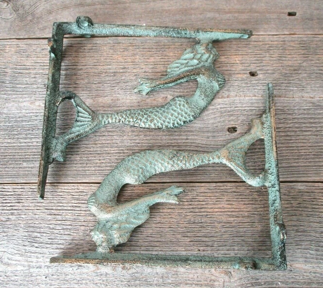 2 Cast Iron MERMAID Brackets Garden Braces Shelf Bracket Corbels Beach Nautical