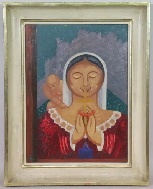 Heilige Maria mit Jesus Kind naives Ölgemälde monogrammiert Mitte 20.Jh (BK3538)