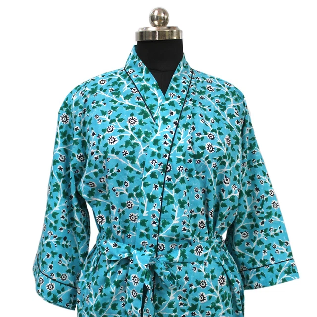Indian Hand Block Printed Long Cotton Kimono Robe, Floral Print Night Wear Dress