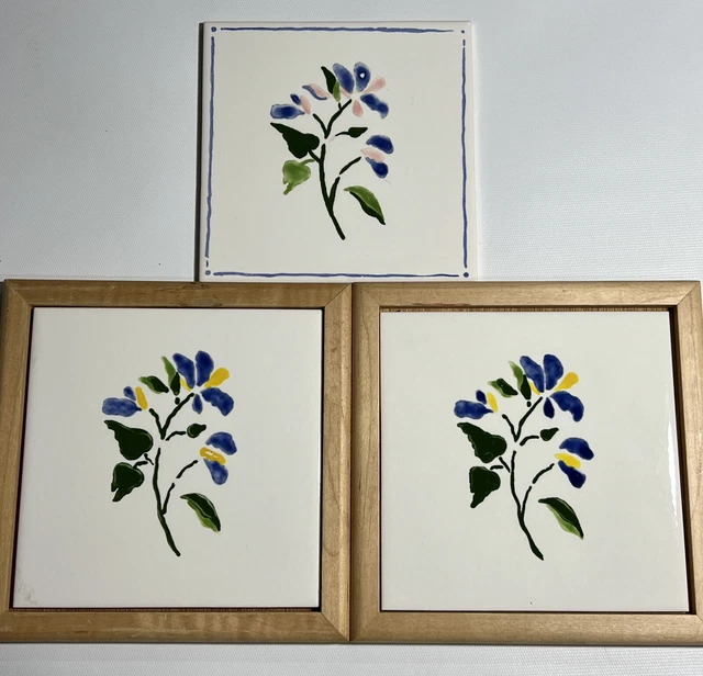 3 INCEPA Ceramic Pottery Tiles Brazil Floral Design 2 Matching FRAMES Home Decor