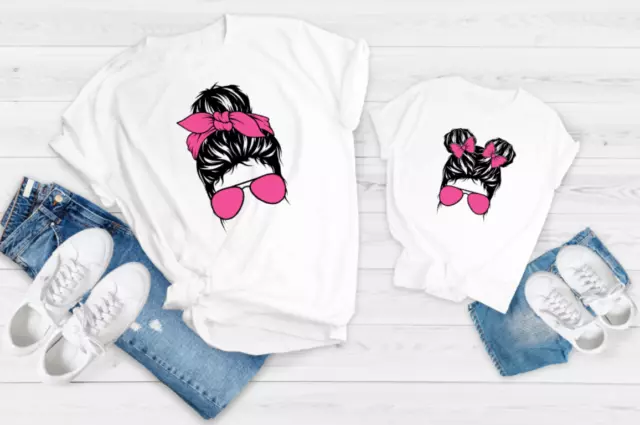 Matching mum daughter t shirts bow glasses tops mother bun kids adults pink new