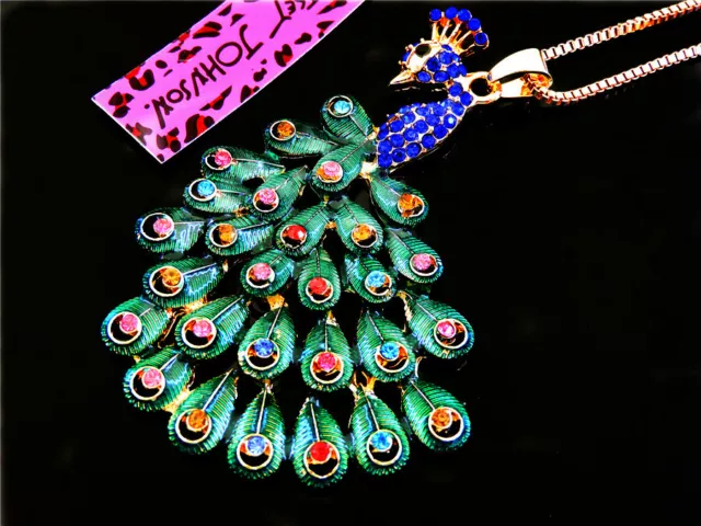 Betsey Johnson Crystal Enamel Big Peacock Pendant Sweater Chain Necklace