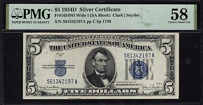 FR 1654 $5 1934D Silver Certificate - PMG 58 CH AU