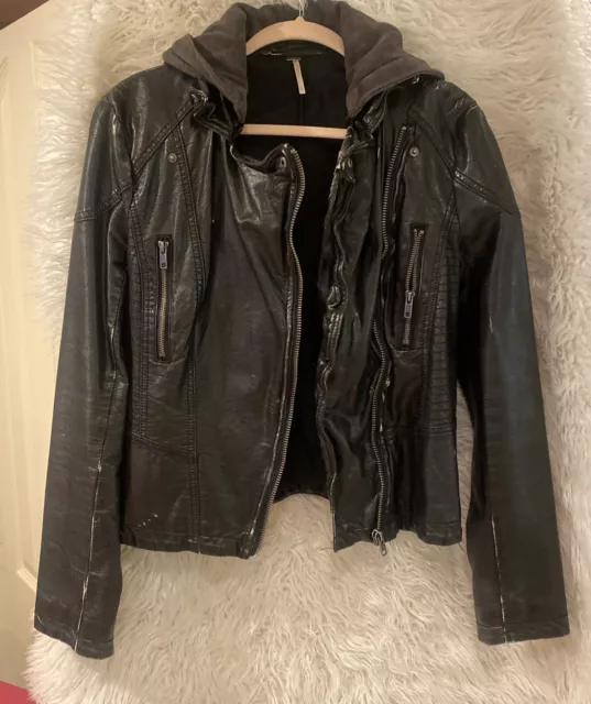 Free People Vegan Leather Jacket Black MOTO Hooded SIZE 8