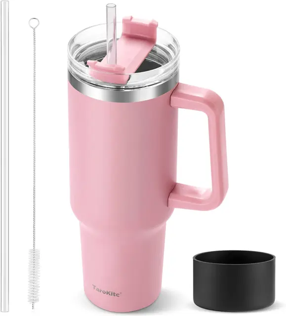 40 Oz Tumbler with Handle and Straw, Pink Insulated Travel Mug Iced Coffee Cup,
