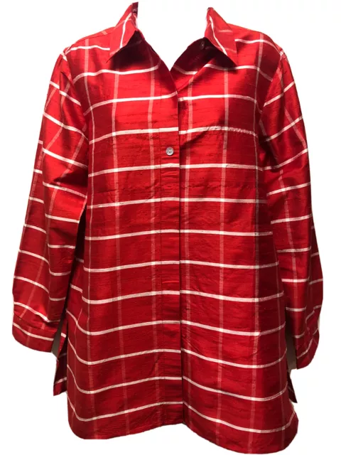 New Coldwater Creek Sz S 100% Silk Red Plaid Button Front Long Sleeve Top Tunic