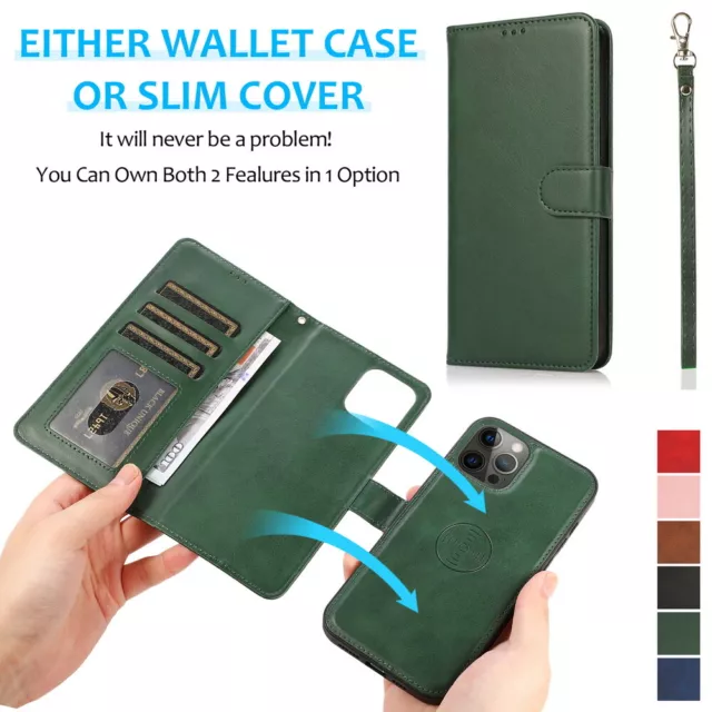 Premium Leather Flip Card Slots Wallet Case Detachable Magnetic Cover for iPhone