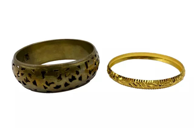 2x Bangle Bracelets Yellow & Brass Gold Tone India Reticulated Floral Embossed