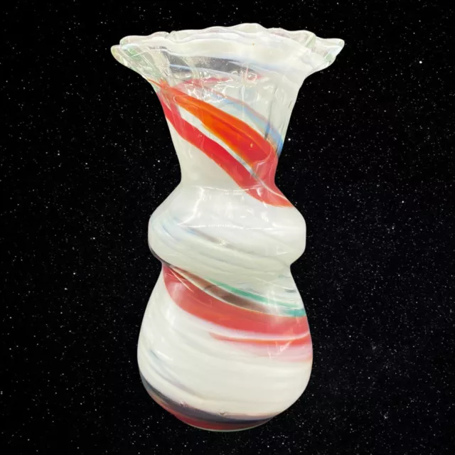 Art Glass Vase Hand Blown End Of Day Swirl Red Blue White Vase 7”T 4”W