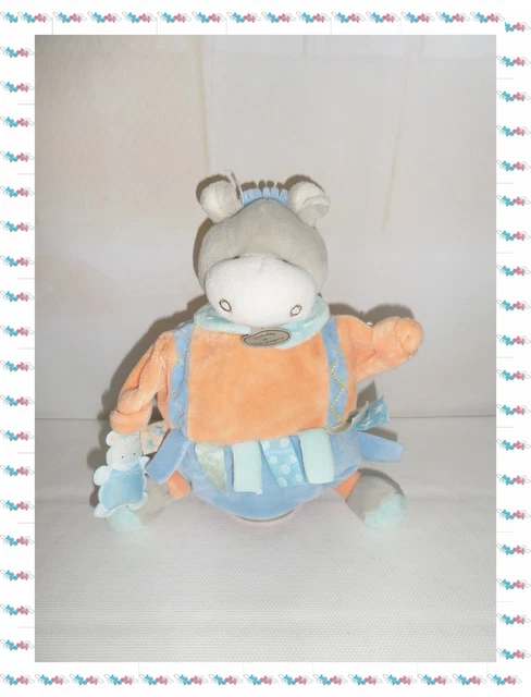 P - Doudou Marionnette Ane Marion Saumon Bleu Etiquettes Doudou et Compagnie