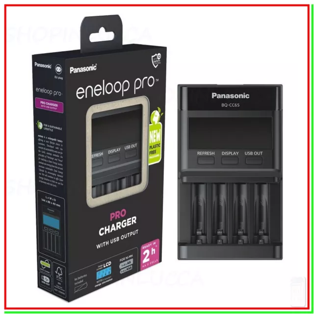 Caricabatterie per pile ricaricabili AA & AAA PANASONIC ENELOOP PRO BQ-CC65 LCD