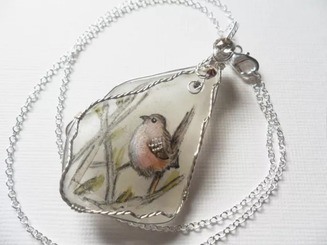 Grass Wren bird art sea glass necklace hand painted to order 18" silver chain