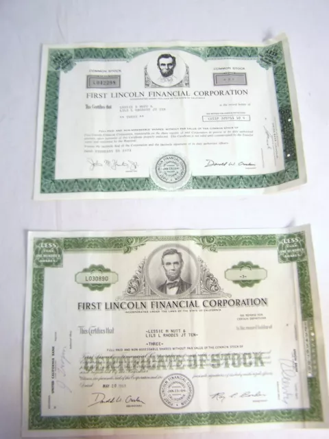 2 Collectible First Lincoln Financial Corp Stock Bond Dated May 20 1969