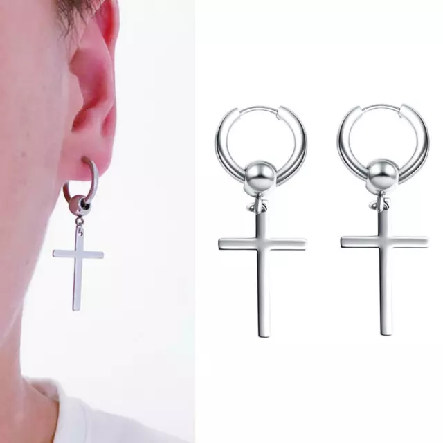 1 paio di orecchini a cerchio pendenti con croce in acciaio inossidabile unisex
