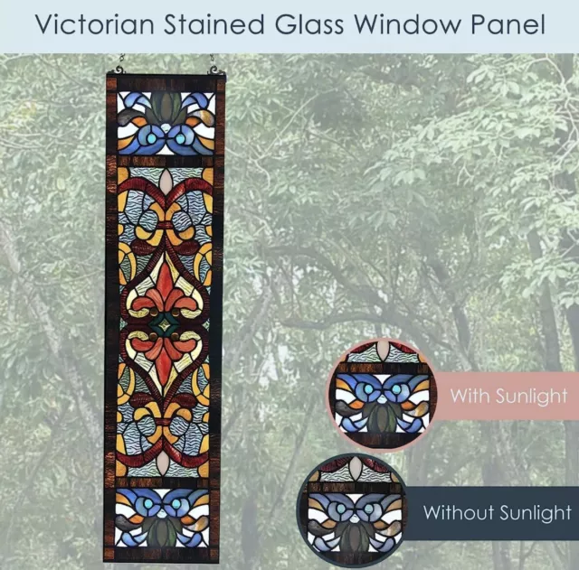 Stained Glass Victorian Fleur De Lis 36 Inch High Window Panel, Red, Blue, Amber