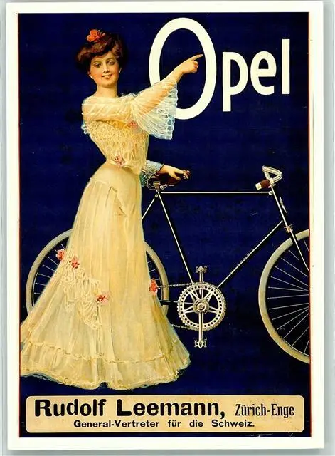 39411615 - Opel Plakat 1908 als Postkarte - Fahrrad Jugendstil Werbung Auto