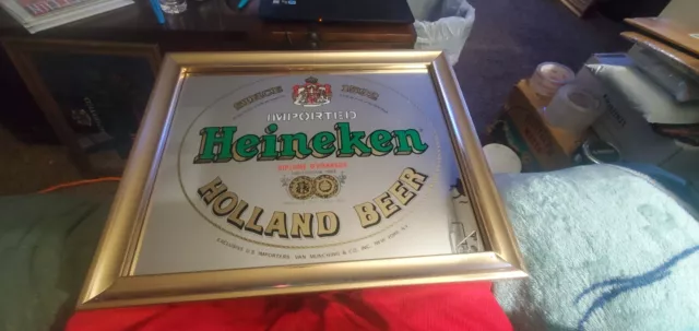 HEINEKEN Imported BEER SIGN Holland Vintage Mirror 17x14 bar framed rare display