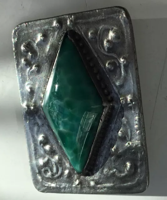 Vintage Jewellery Lovely Arts & Crafts Ruskin? Pewter Brooch Green Stone