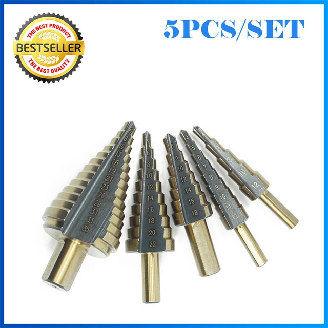 NEW 5 Pieces HSS Step Large Titanium Cone Drill Hole Cutter Bit Set Tool + Box