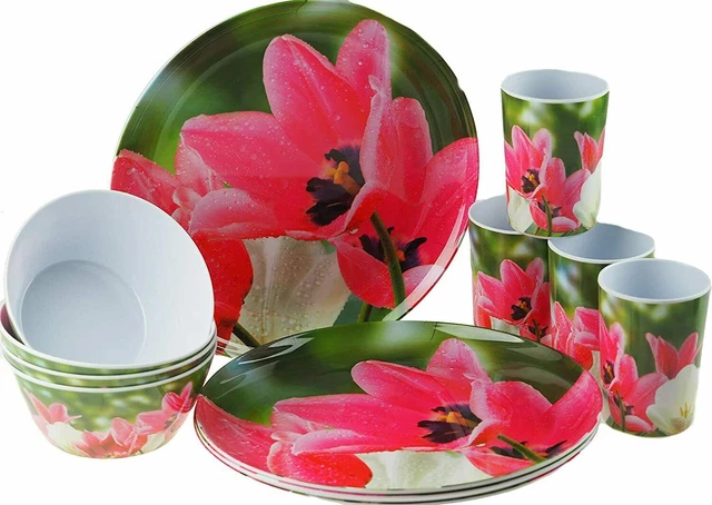 12 Piece Melamine Dinner Set Plates Bowl Mug Picnic Camping Party Crockery Tulip