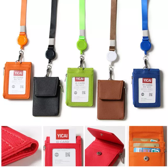 Leather ID Holders Case PU Business Badge Card Holder with Neck Strap Lanyard US