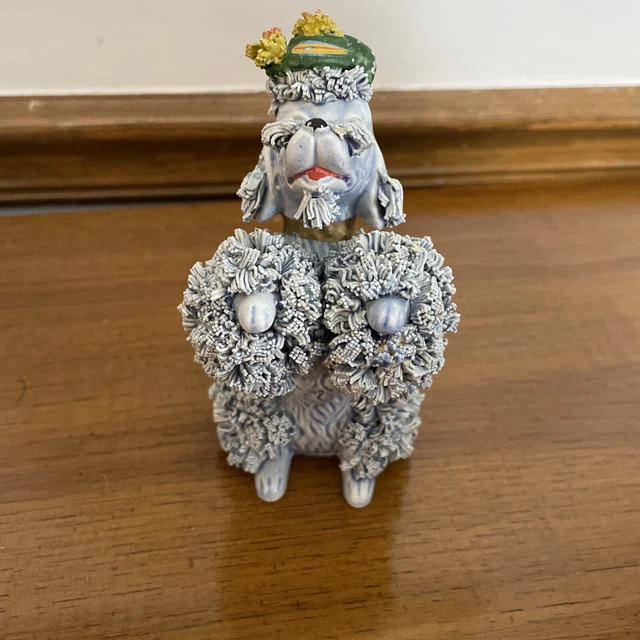 vintage spaghetti blue poodle figurine standing with hat