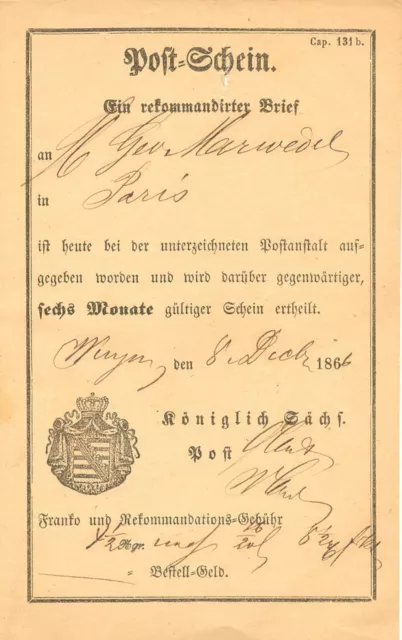 SACHSEN 1866 Postschein der Königlich Sächs. Post für "Ein Rekommandirter Brief"