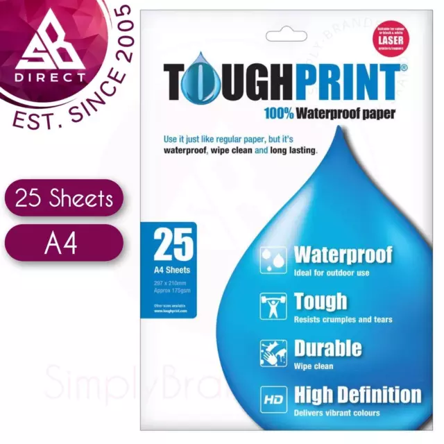 Toughprint Waterproof Laser Paper│Use Printing Map│Tough/ Durable│25 x A4 Sheets