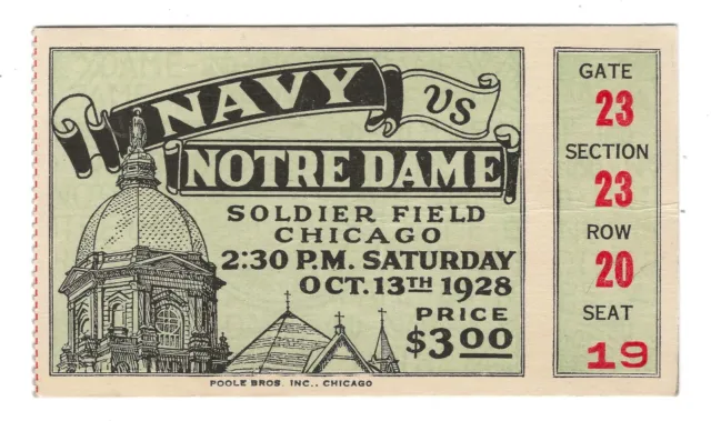 Rare 1928 University of Notre Dame vs. Navy ticket stub; college football