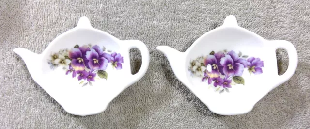 Vtg Fine Bone China Tea Bag Holder ~ Teapot Shape Lot of 2~Floral Caddy Pansies