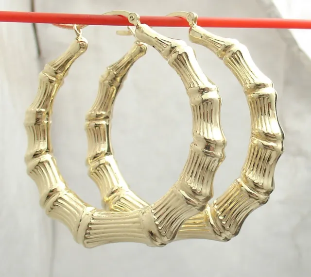 2" Technibond Graduated Bamboo Hoop Earrings 14K Yellow Gold Plated 925 Silver