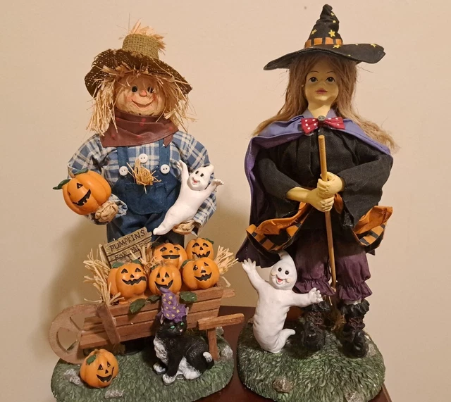 FABRIC MACHE WITCH & SCARECROW FIGURE SET 13" Halloween decor vintage rare cute