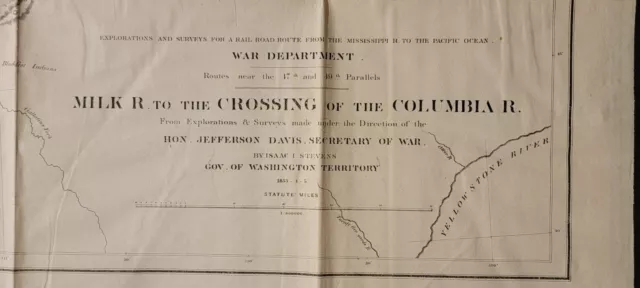 Antique 1860 USPRR survey map Milk R. to the Crossing of the Columbia R. Stevens