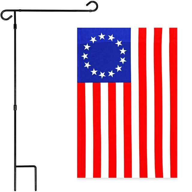 Garden Flag Stand Black 36x16IN & Patriotic Garden Flag Betsy Ross 12x18IN