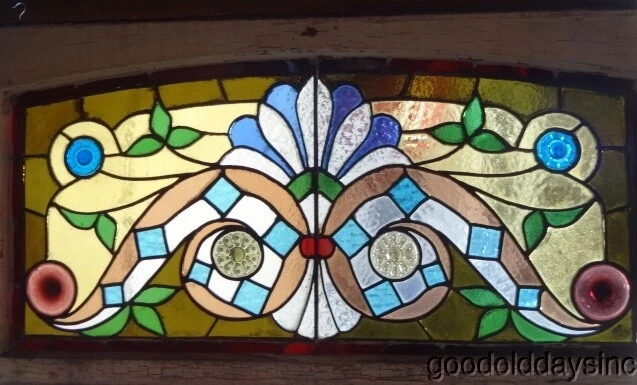 Antique Victorian Stained Leaded Glass Transom Window from Chicago 38" x 20"