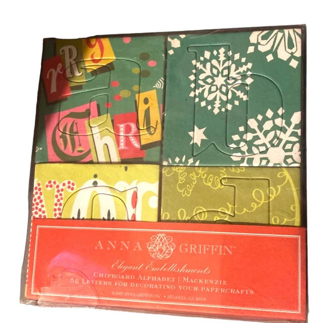 52 piezas Alfabeto de aglomerado Anna Griffin Mackenzie NUEVO Navidad 2007 sin lignina ácida
