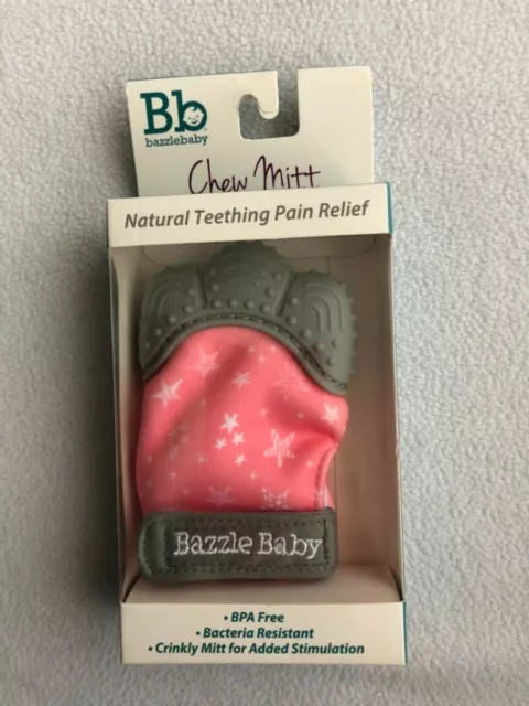 Bazzle Baby Chew Mitt Crinkle Teether Stars Pink Gray NEW
