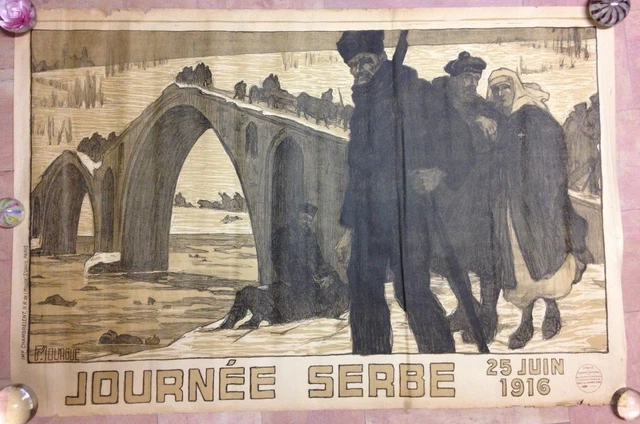 Affiche Originale Journée Serbe 25 Juin 1916 - Guerre Par F. Mourgue - Lithographie Vintage Militaire 80x120 Cm