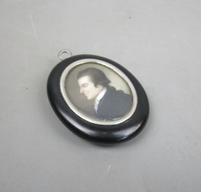 Antique Victorian Ebony & Silver Miniature Watercolor Portait 1880s ENGLAND